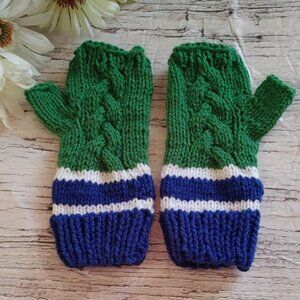 Hand-Knit Blue and Green Fingerless Mittens Vancouver Canucks Seattle Seahawks